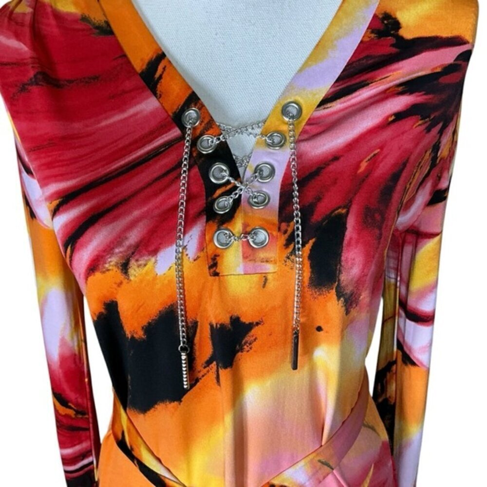 Carmen Marc Valvo Tunic V Neck Chain Long Roll Up Sleeve Tropical Coral Pink SM - Picture 6 of 16